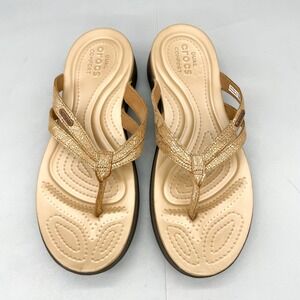 Crocs Womens 10 Capri V Flip Flop Sandals‎ Gold Snake Print Thong Comfort Shoes